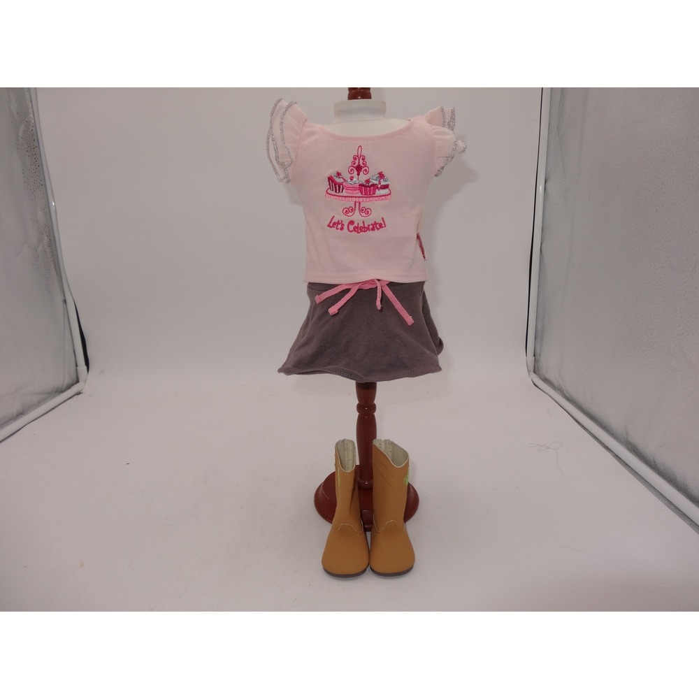 American Girl Birthday Cupcake Outfit Pink Top Brown Skirt Tan Boots Set